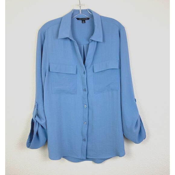 Zac & Rachel Women's V-Neck Button Up Blouse Size M Blue Roll Tab Sleeve Pockets - Picture 1 of 7